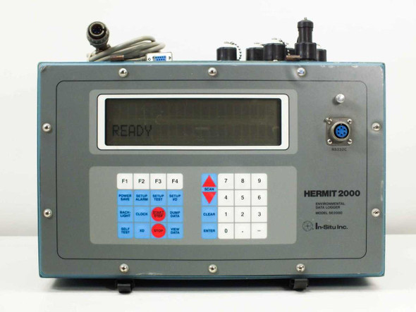 In-Situ SE2000 Hermit 2000 Environmental Data Logger – front panel view showing LCD display reading READY, function keys, numeric keypad, and sensor connectors on top