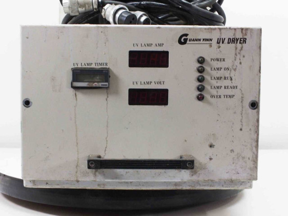 Guann Yinn GY181CD UV Dryer front panel — UV Lamp AMP display, UV Lamp Volt display, UV Lamp Timer, and status indicator LEDs (Power, Lamp On, Lamp Run, Lamp Ready, Over Temp)