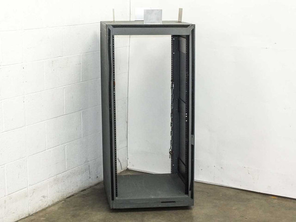 Rackmount cabinet front-right three-quarter view showing rack rail columns and open frame construction