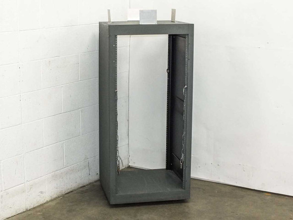 Unbranded gray 19-inch open-frame steel rackmount cabinet, full front view showing rack rails and open sides