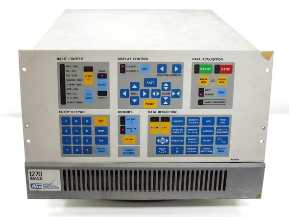 Nicolet 1270 IDACS Digital Data Acquisition System – front panel view showing Input/Output, Display Control, Data Acquisition, Entry Keypad, Memory, and Data Reduction sections
