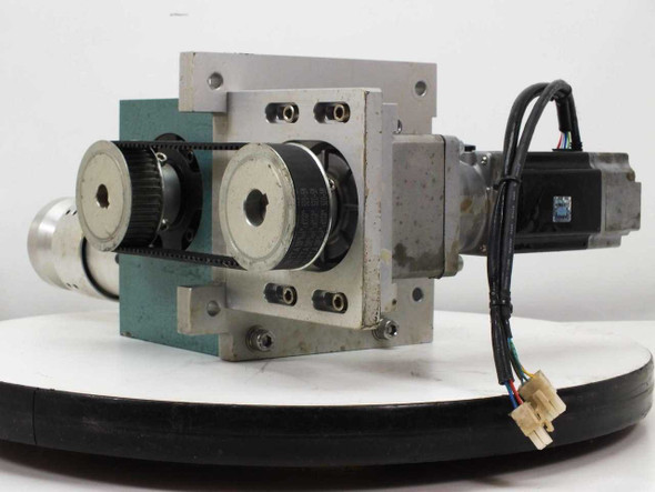 Yaskawa SGML-04AF14 servo motor assembly – rear view showing timing belt drive pulleys and motor connector wiring harness