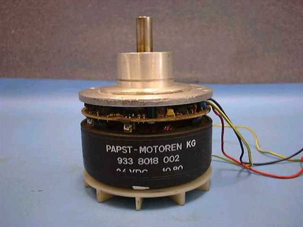 Papst-Motoren KG 933 8018 002 brushless DC motor front view showing label, shaft, and wiring leads