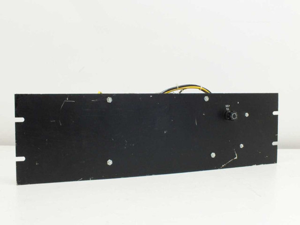3U black rackmount panel front view showing scratched surface finish and small toggle switch with yellow wiring