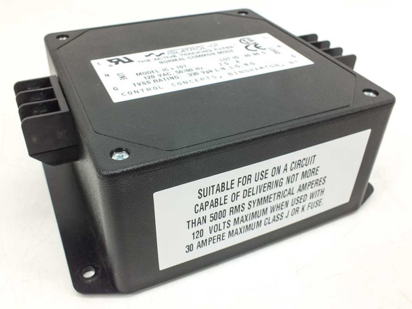 Control Concepts Islatrol IC+107 — front label view showing model number, 120VAC 50/60Hz 7.5A rating, and circuit suitability warning label