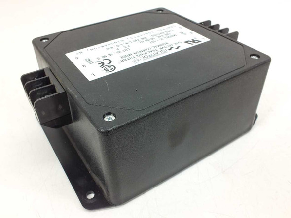 Control Concepts Islatrol IC+107 Active Tracking Filter — three-quarter front-left view showing black enclosure with flanged mounting base and label