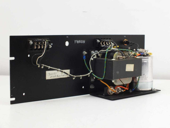 Elpac BFS 200-24 power system — rear/internal view showing transformer, large filter capacitor, and wiring on 3U black rack-mount panel