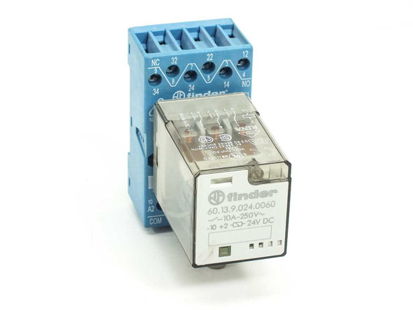 Finder 60.13.9.024.0060 3PDT relay seated in Type 90.21 DIN rail socket — front label view showing 10A 250V 24VDC coil ratings