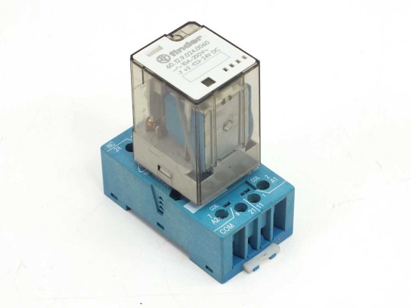 Finder 60.12.9.024.0060 DPDT relay mounted on Type 90.20 DIN rail socket — front-left view showing transparent relay body and blue socket terminals
