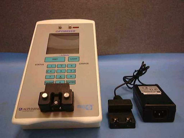 Alpharma Optibreed SQA III Poultry Sperm Analyzer front view with keypad, LCD display, sample port, and included Phihong AC adapter