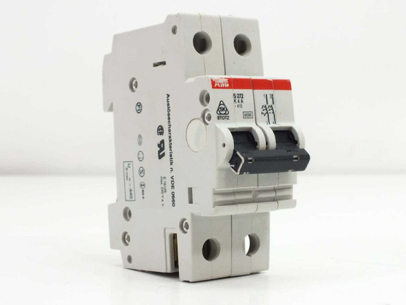 ABB S272-K4A 2-pole 4A circuit breaker — left-side view showing DIN rail clip, UL marking, and VDE 0660 label