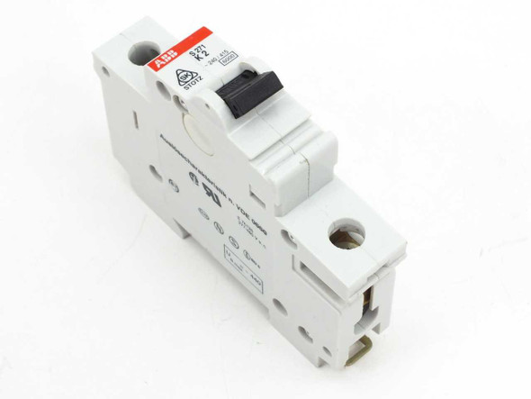 ABB S271-K2 circuit breaker – left-side front angle view showing DIN rail clip and UL markings on body