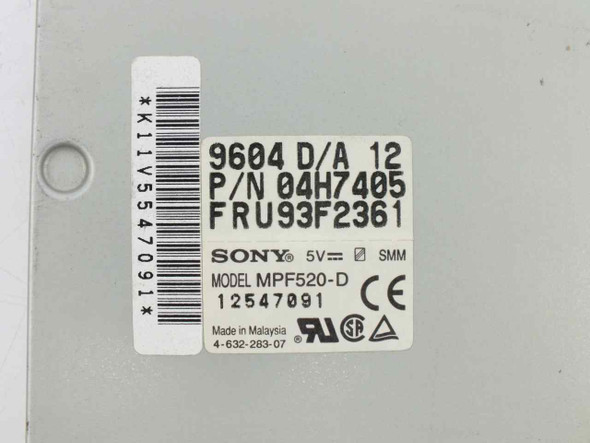 Sony MPF520-D label showing model MPF520-D, P/N 04H7405, FRU 93F2361, 5V, Made in Malaysia