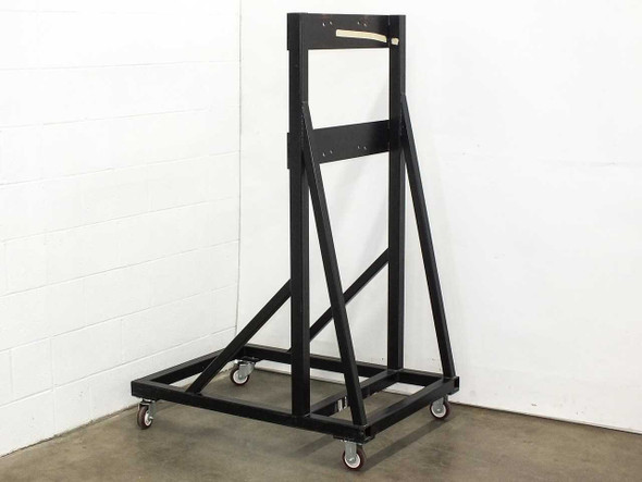 Black steel A-frame rolling cart chassis – right-side angle view showing diagonal brace members and upright panel bracket