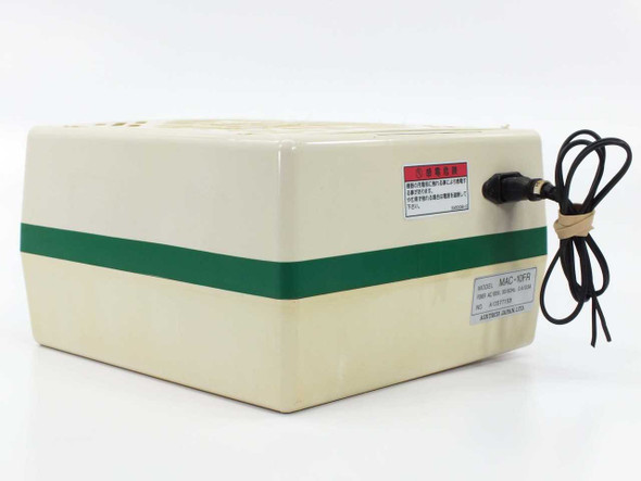 Airtech MAC-10FR fan filter unit — right side view with power cord and Japanese warning label visible