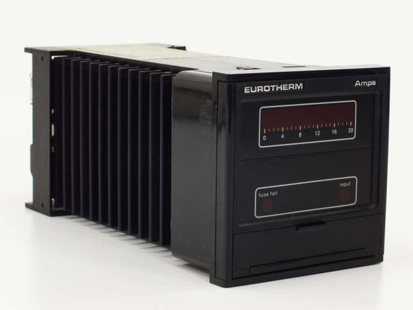 Eurotherm 831/20A240V/LVS-FC/M Digital Power Controller — front-right three-quarter view showing LED amp display, heatsink fins, and panel mount bracket