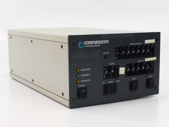 Compumotor 2100-1-S 2100 Series Indexer – front panel with Preset Position and Velocity thumb wheels, On Line indicator, and Start/Stop buttons