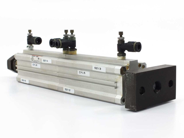 SMC CDQ2KB32-75DM CDQ2B32-60DM dual pneumatic cylinder assembly — left side view showing push-to-connect fittings and sensor labels CYL5, CYL6