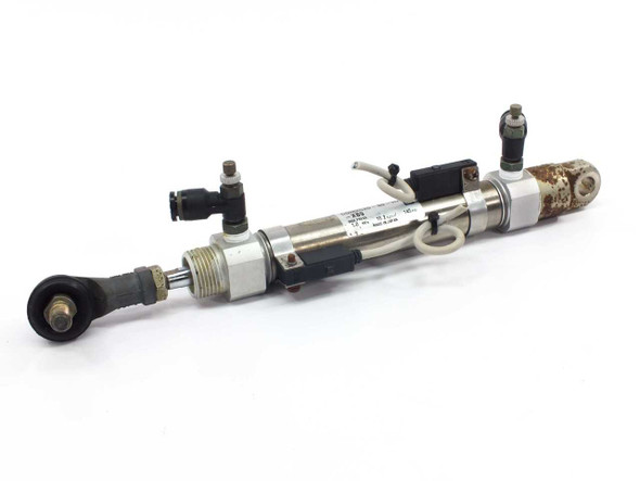 SMC CDM2C20-80 double acting pneumatic cylinder – full assembly view showing rod eye end, clevis mount, push-in fittings, and auto-switch wiring