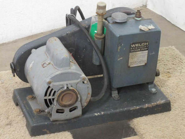 Welch 1399 DuoSeal Belt Drive Vacuum Pump with Dayton capacitor-start motor mounted on base plate — left side view