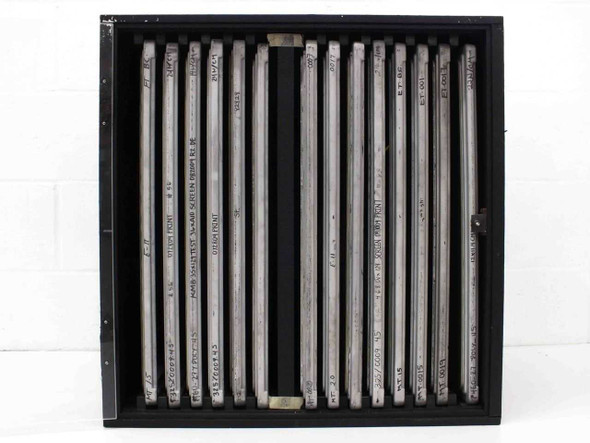 Aerofeed silk screen storage cabinet front view with door open showing approximately 15 loaded 22.75-inch aluminum screen frames