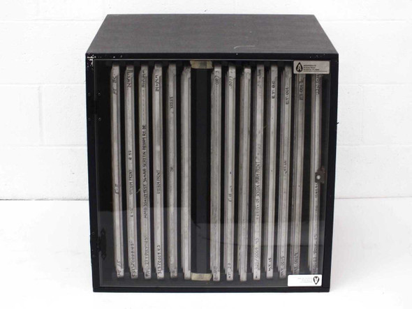 Aerofeed 25-inch silk screen storage cabinet front view with glass door closed showing aluminum screen frames inside
