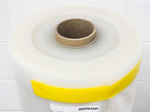 Top view of Isovoltaic 370792 encapsulant roll showing cardboard core and yellow edge banding with Isovoltaic label