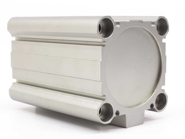 SMC CDQ2B63-75DMZ-A93 compact pneumatic cylinder – rear angled view showing aluminum body and through-hole mounting corners