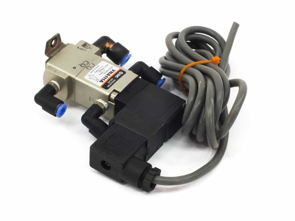 SMC VNA111A process valve front view showing push-in tube fittings, solenoid body, and wiring cable