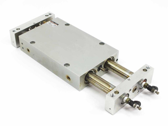 SMC CDPXWL32-75-J79L CXWL pneumatic linear slide — three-quarter view showing aluminum body and dual guide rods with ball joints extended
