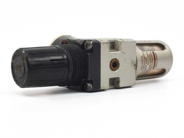 SMC AW2000-02BG-CR filter regulator – right side view showing regulator knob and port connection