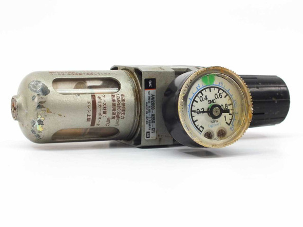 SMC AW2000-02BG-CR filter regulator – left side view showing filter bowl and analog pressure gauge