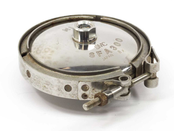 SMC SFA300 SF Series filter cartridge – angled view showing engraved model name, Japan marking, and clamp bolt assembly