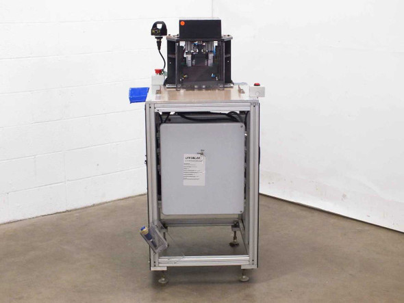 Misco MX1-710-000-2 plastic sheet mill punch system – front view on aluminum extrusion frame with casters, punch head assembly on top