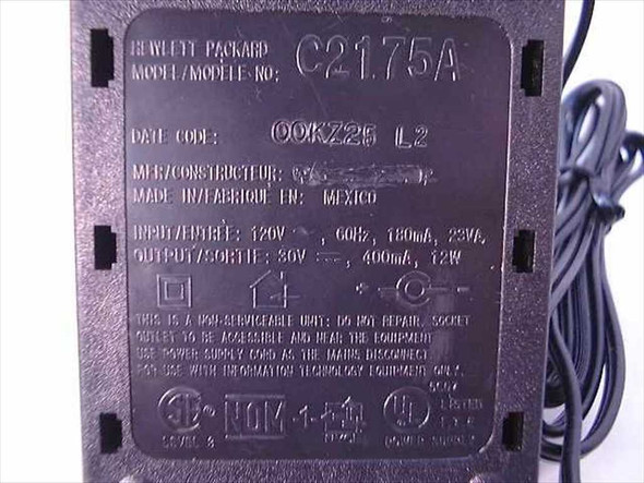 HP C2175A rating plate label — Hewlett-Packard model number, 120V input, 30V 400mA 12W output, made in Mexico