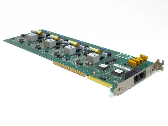 Inter-Tel 520.2300 LSC 4-Port Line ISA Card – angled view showing rear bracket with two RJ modular jacks and BUSY/ON-LINE LEDs