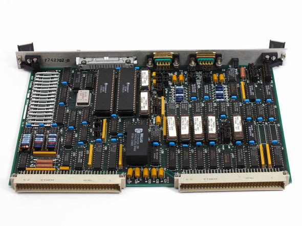 Hughes 7742911 VME board card component side reverse angle showing main processor ICs and VMEbus edge connectors