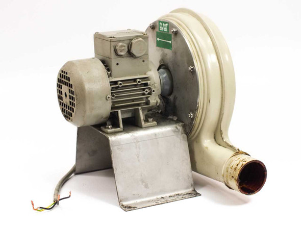 Colasit centrifugal blower – left-side 3/4 view showing motor, discharge port, and stainless steel base with wiring leads