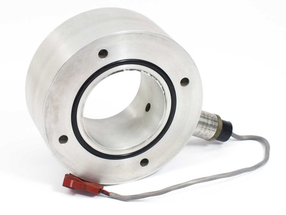 Whitman Controls P117V-3N-C52L vacuum switch with feedthrough adapter – angled front view showing aluminum ring body and red 2-pin connector lead