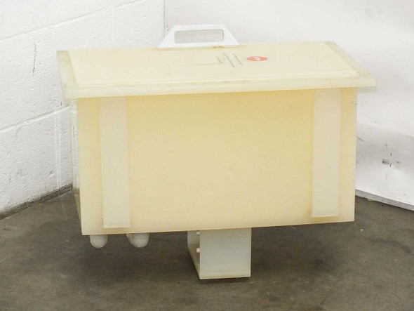 Custom PTFE benchtop wafer etch bath right-side view showing lid, handle, and pump/filter housing on underside