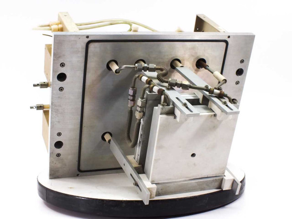Drytek S100 RF Wafer Power System – angled front-right view showing aluminum chassis, coaxial fittings, and RF matching network assembly on turntable
