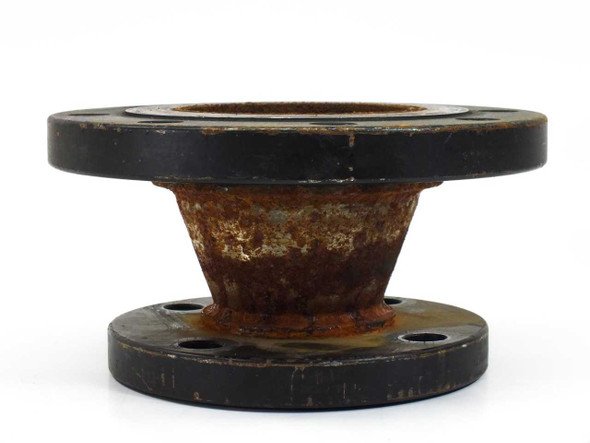 Kerkau A105 pipe flange reducer adapter 2.5 to 4 inch – angled front view showing reducer body with heavy surface rust on neck and flanges