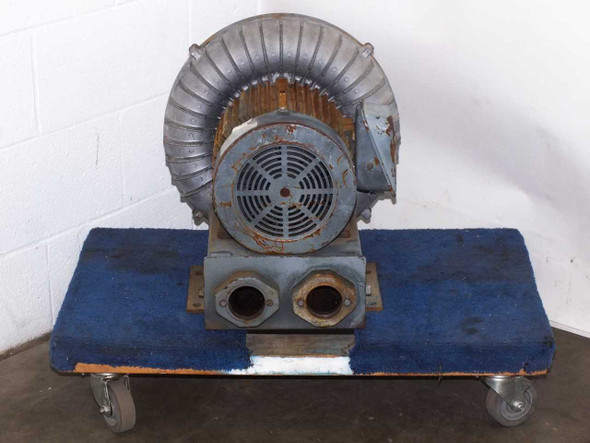 Hitachi VB-037-E vortex regenerative blower – front view showing dual 2-inch FPT inlet and outlet ports with motor housing
