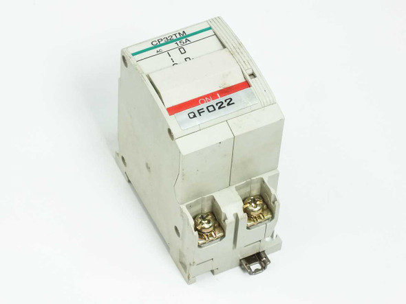 Fuji Electric CP32TM/15 Circuit Protector – front view showing ON indicator label and QF022 marking