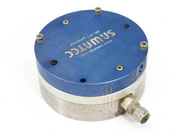 Sawatec SP-177 diaphragm dosing pump – angled rear view showing blue cap and stainless body with compression fitting outlet port