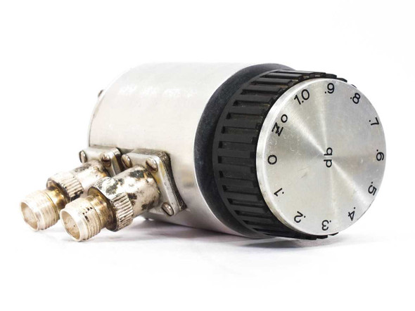 Texscan RA-73 adjustable step RF attenuator – angled front view showing rotary dB dial and dual SMA female connectors