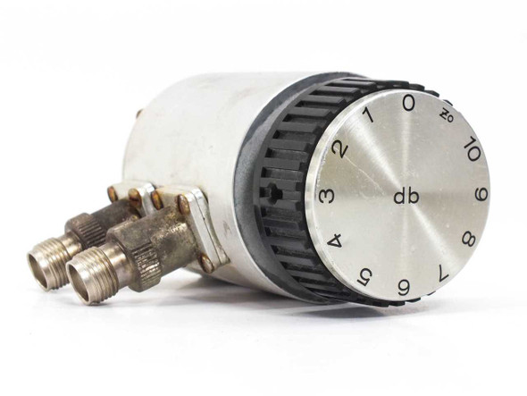 Texscan RA-70 RF Attenuator – front-left angle view showing dual SMA connectors and rotary dB dial