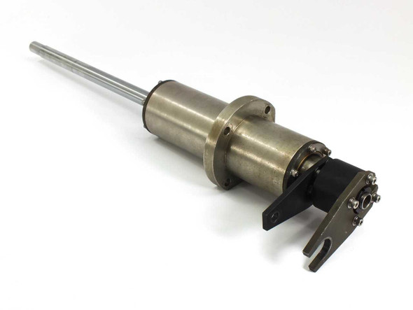Stainless steel rotation cylinder with 610mm positioning arm and fork-end attachment bracket — left side three-quarter view
