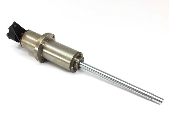 Stainless steel rotation cylinder 250mm body with 610mm dual-rod positioning arm extended — right side view showing full assembly length