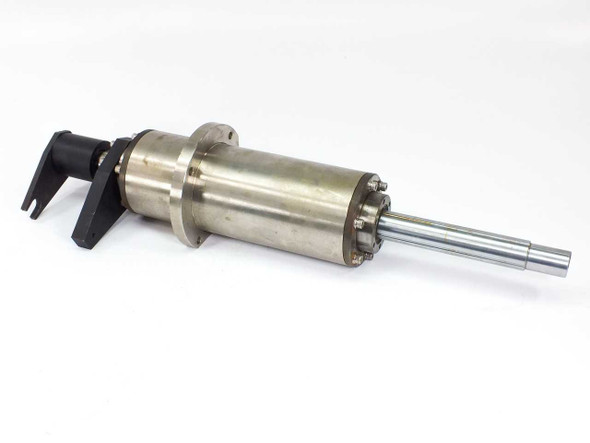 Stainless steel rotation cylinder 330mm with black positioning arm attached to mounting flange – left side view